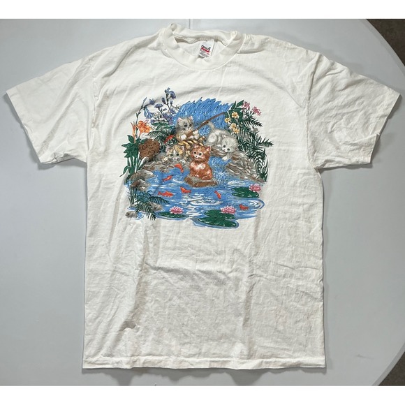Anvil Other - VTG Y2K 90s Single Stitch Cat Kitten Fishing T Shirt Mens XL White Cottagecore